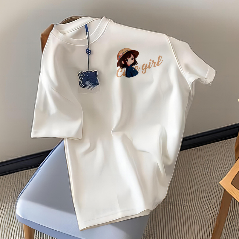 Brand Withdrawal Short Sleeve 260g Heavy Cotton Straw Hat Girls Printed T-Shirt Summer Loose Half Sleeve for Men and Women