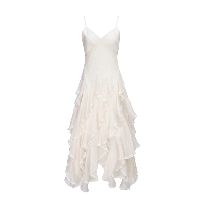 2026 Spring/Summer French-Style White V-Neck Spaghetti Strap Dress for Women, Irregular Mesh Tiered Dress, Vacation Beach Long Dress