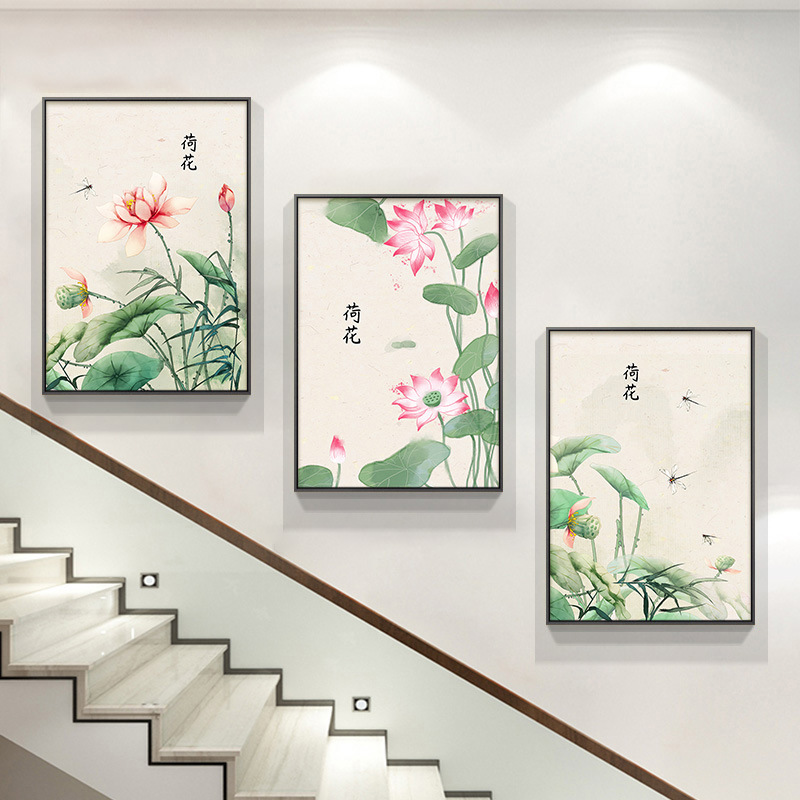 深セン大芬油画村階段階段間装飾画新中国式花鳥ハスの花複式壁画客間|undefined