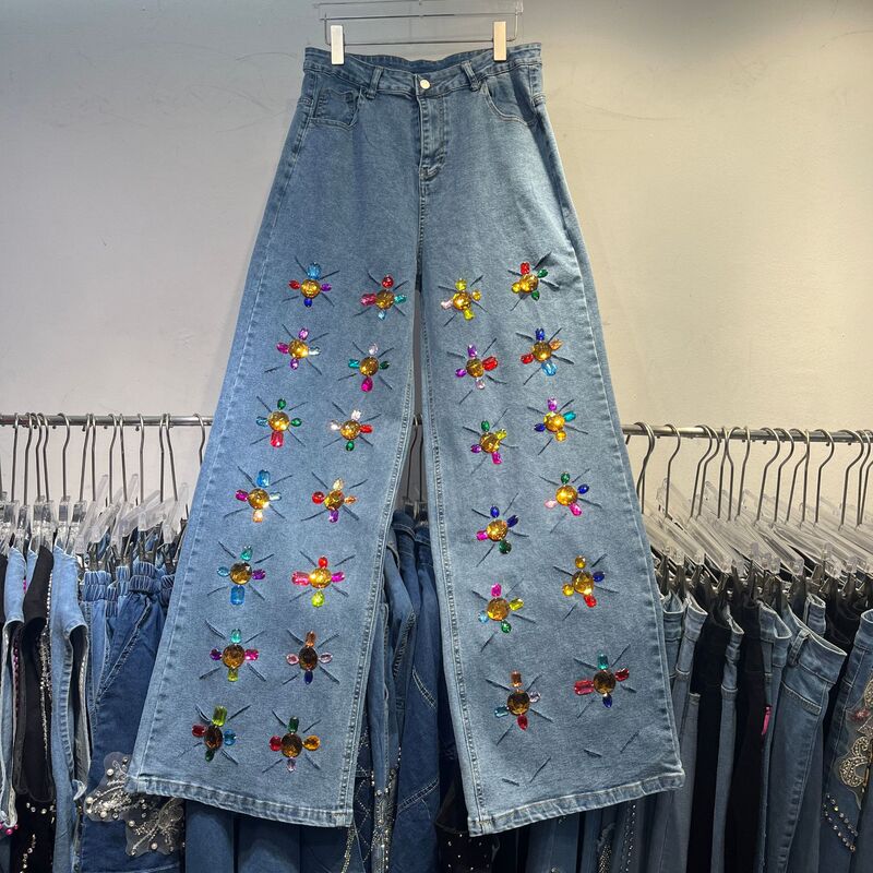 Designer Jeans Women's Summer New Street Age-reducing Heavy Industry Handmade Color Diamond Slimming Casual Straight Pants