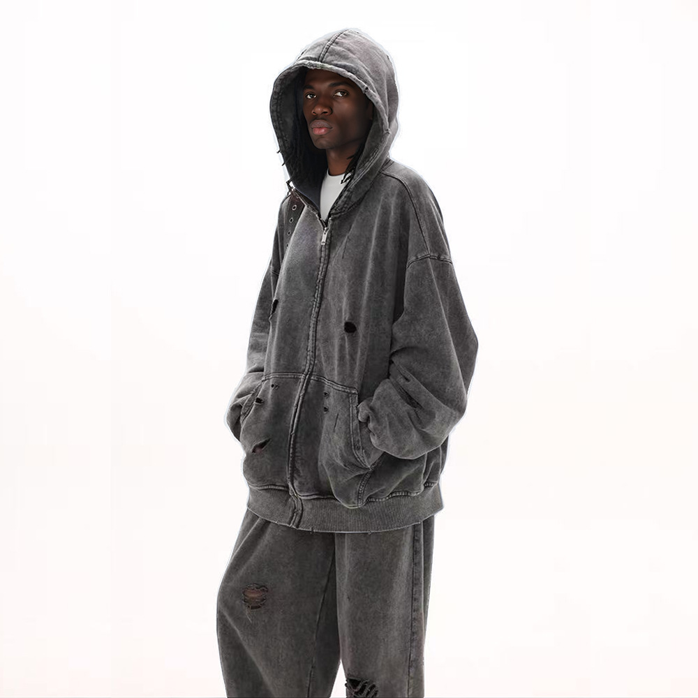 Moletom com capuz rasgado estilo europeu e transfronteiriço para homens, lavagem reforçada, modelagem folgada, versátil estilo vintage para casais._voghion.com