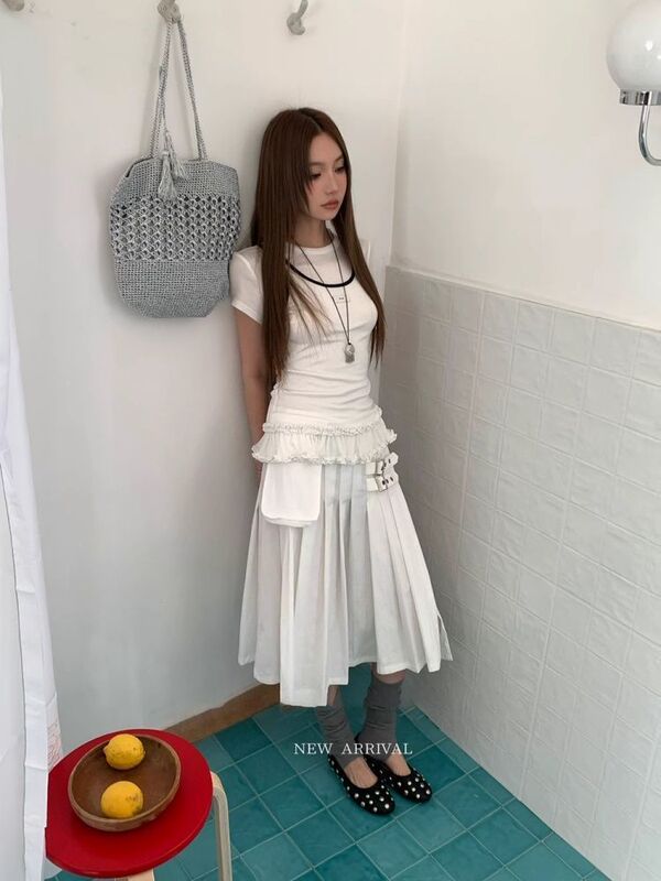 【200克人棉莫代尔】夏季圆领假两件美式辣妹下摆蕾丝拼接短袖女|undefined