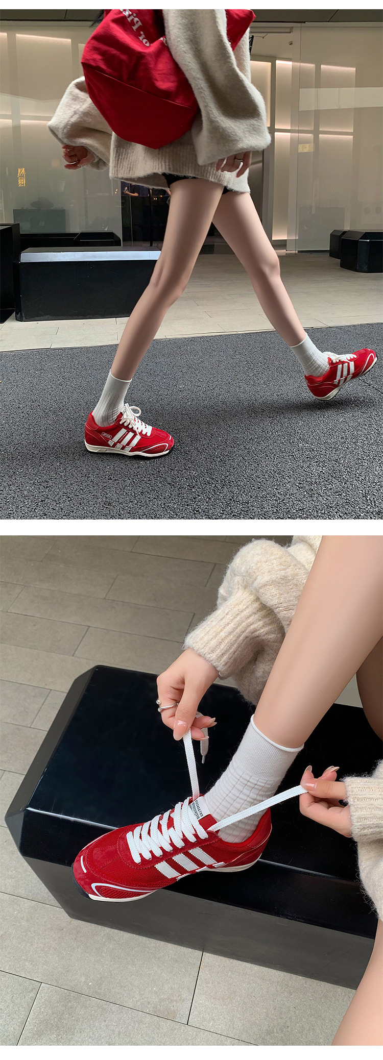 Giày sneaker nữ đế dày phong cách retro cổ điển, tăng chiều cao nhẹ, thoáng khí — xanh lam, màu đỏ chi tiết 6