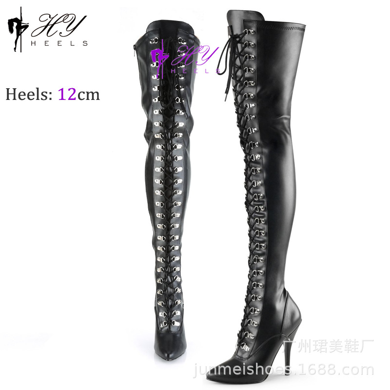 Boot nữ ống dài qua đầu gối gót nhọn 12 cm, form ống thon co giãn — Màu đen