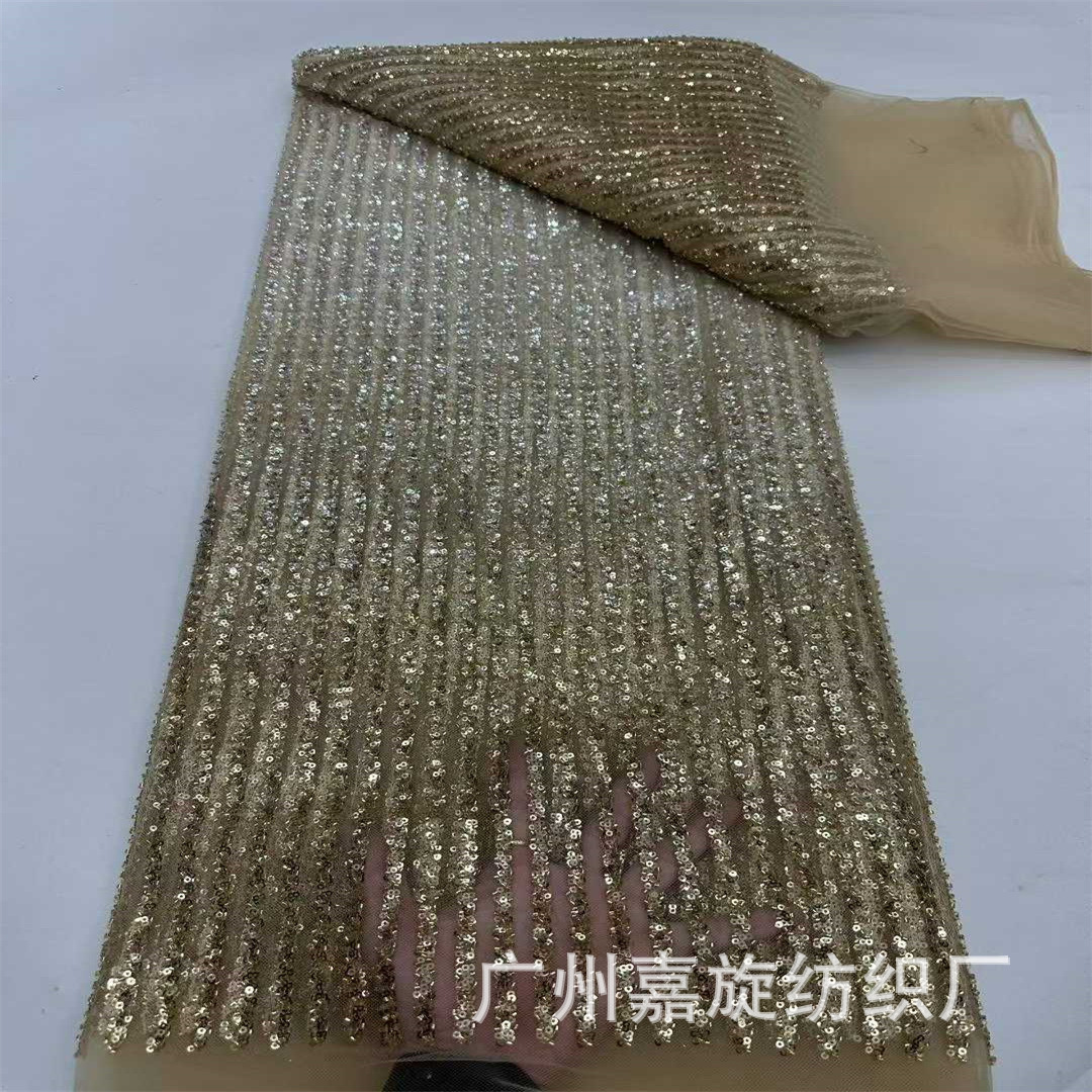 Nueva tela de encaje de malla con lentejuelas y cuentas, con franjas rectas de dos tonos en degradado, para vestidos de novia, moda y disfraces de espectáculo.