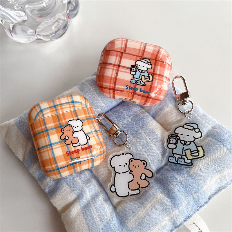 Plaid striped bear for airpods2 generation protective case new pro Apple 3 generation cartoon earphone case pendant