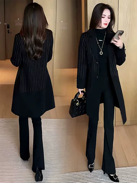 Plus-size women's long coat, women's long 2026 spring and autumn new style patchwork striped jacket 26107
