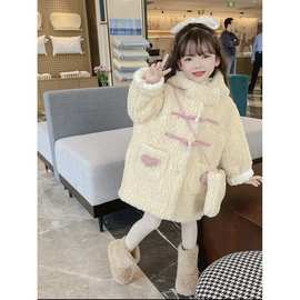 女童冬季外套2025儿童洋气双面羊羔绒大衣女宝时髦中长款爱心毛衣