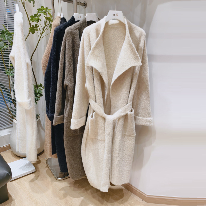 Imitation Mink Velvet High-End Extended Large Sweater Jacket for Women Autumn and Winter New Belt Style Lapel Knitted Cardigan Top