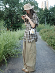 日系原宿风休闲运动服套装女夏季宽松格子衬衫短袖阔腿裤两件套新