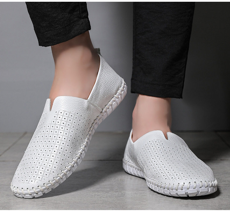 Giày lười nam da bò lớp đầu cỡ lớn, kiểu slip-on mũi tròn, đế bệt — 955 Trắng đục lỗ, 955 lỗ màu nâu, 955 lỗ màu đen, 955 màu xanh lam chi tiết 21