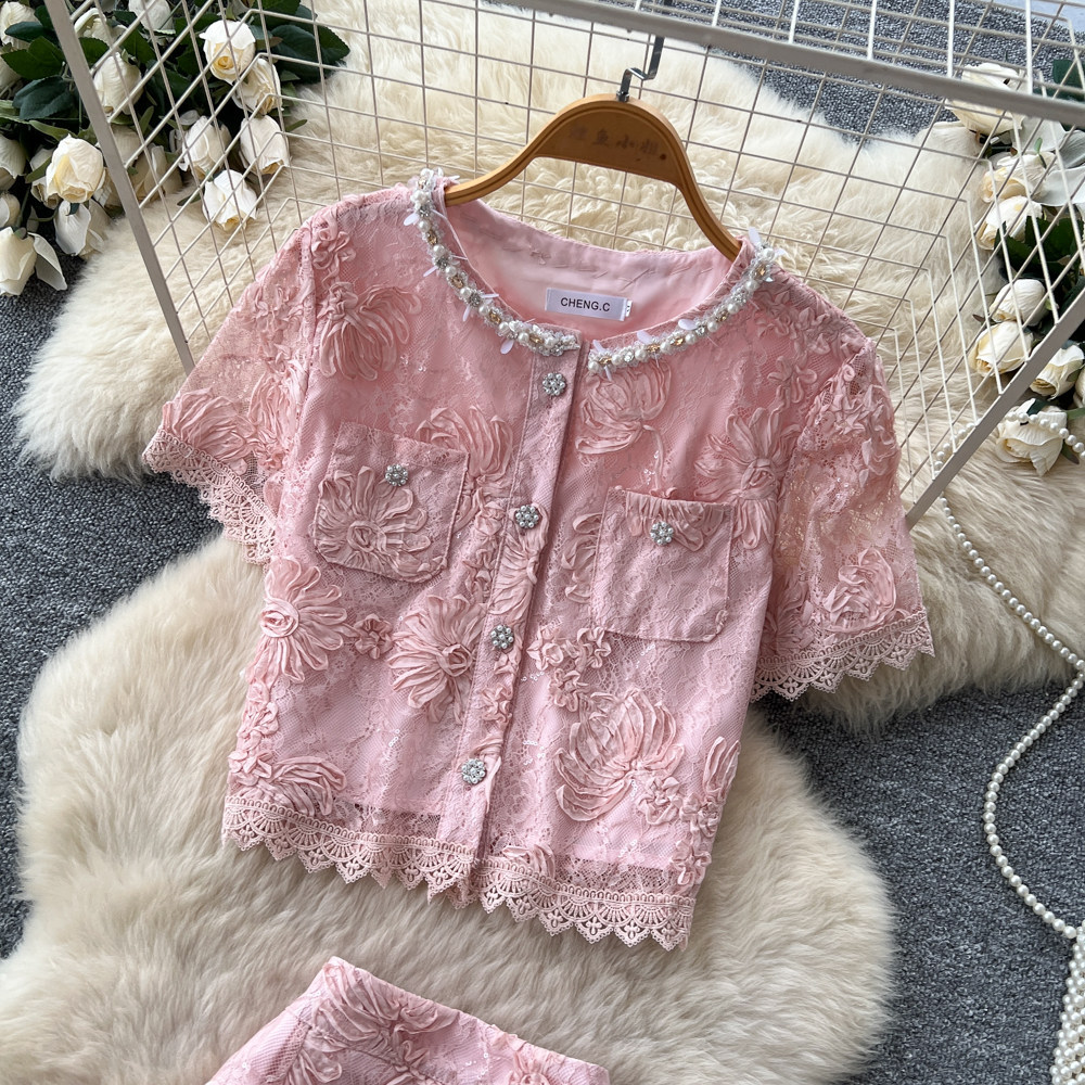 French Style Lace Patchwork Top And Skirt Set for Women Sexy Slimming Temperament Two-Piece Summer Outfit_ecoleips.com