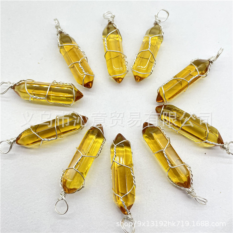 Comercio exterior caliente bobina hexagonal columna colgante collar de cristal natural hecho a mano de plata hilo bala joyería al por mayor