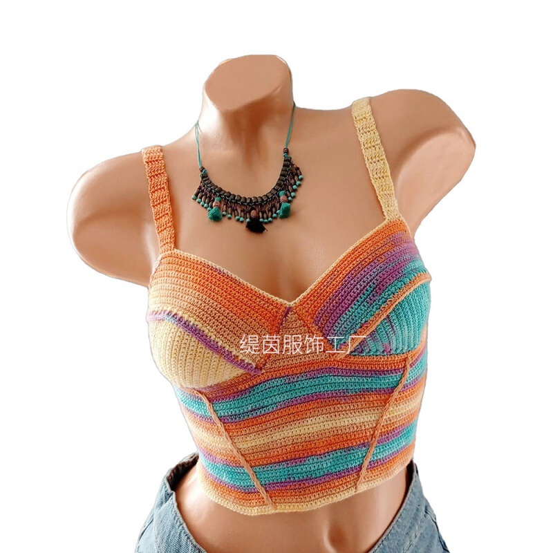 Handmade Crochet Striped Cotton Vest for Women with Lace Hollow-Out Design, Versatile Backless Short Loose Style