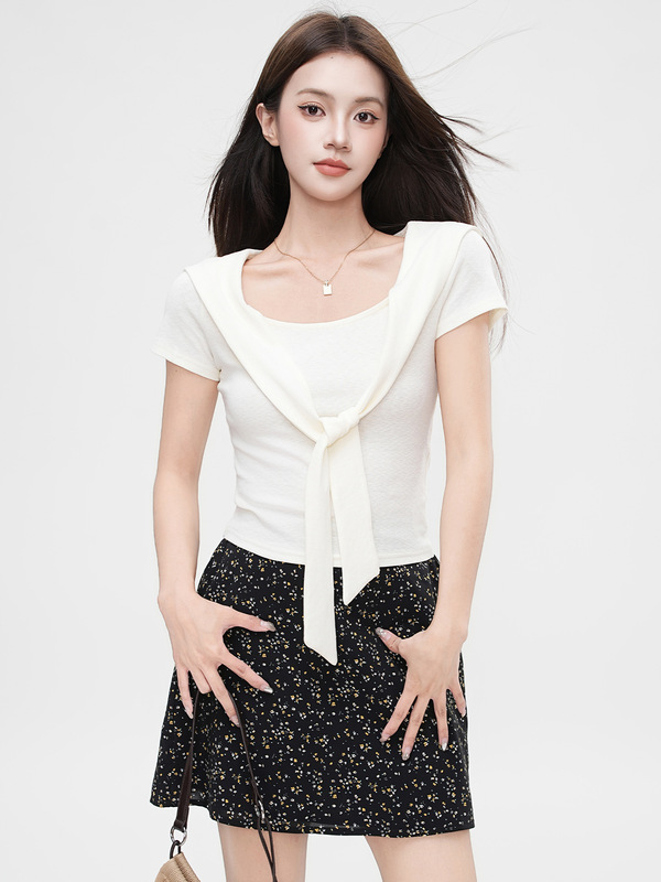 Jiyou グレーパープルフェイクツーピースデザインショール V ネック半袖 Tシャツ女性の夏ニッチスリムショートトップ|undefined