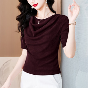 Design Sense Heap Collar Short-sleeved T-shirt Women's Summer New 2025 plus size Casual French Simple Commuter Top for Summer
