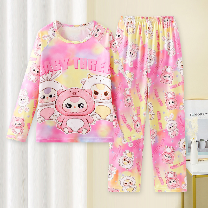 Girls' Spring and Autumn Cartoon Pajamas Round Neck Pullover Long-Sleeved Home suit for Middle and Big Children and Baby Girls' Autumn Home Clothes