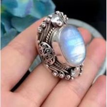 银色戒尼泊尔手工天然月光石藏式复古开口戒指首饰品男女同款