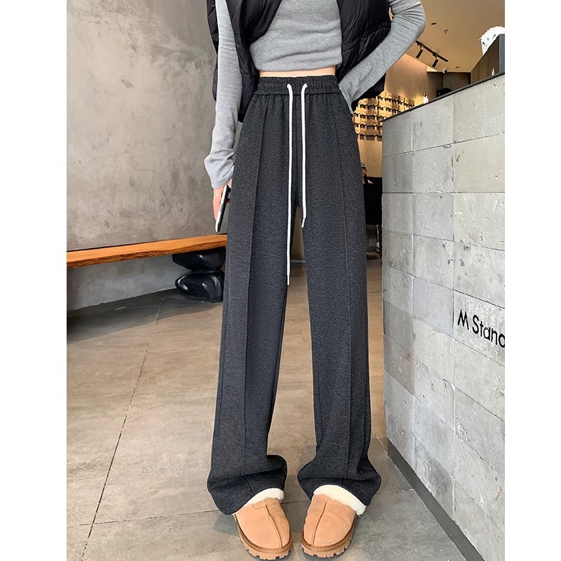 Pantalones de piernas anchas de herringbone para mujeres otoño y invierno 2024 nuevos pantalones de tween de hombre pequeño, pantalones casuales acrílicos estrechos