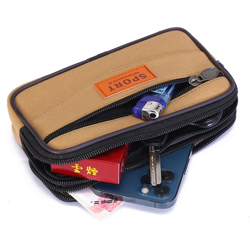 New canvas zippered belt waist bag running mobile phone waist bag construction site stall cross-border men's and women's wallet mobile phone bag