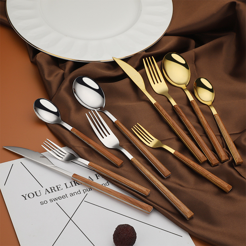 Ins style imitation wood grain clip handle stainless steel tableware marble pattern hotel restaurant steak knife fork spoon gift box