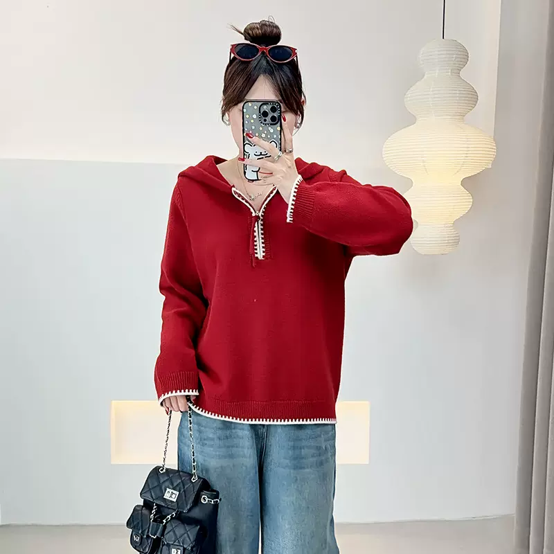 2025年双天冬新款胖mm大码女装200斤半拉链撞色连帽套头毛衣F729