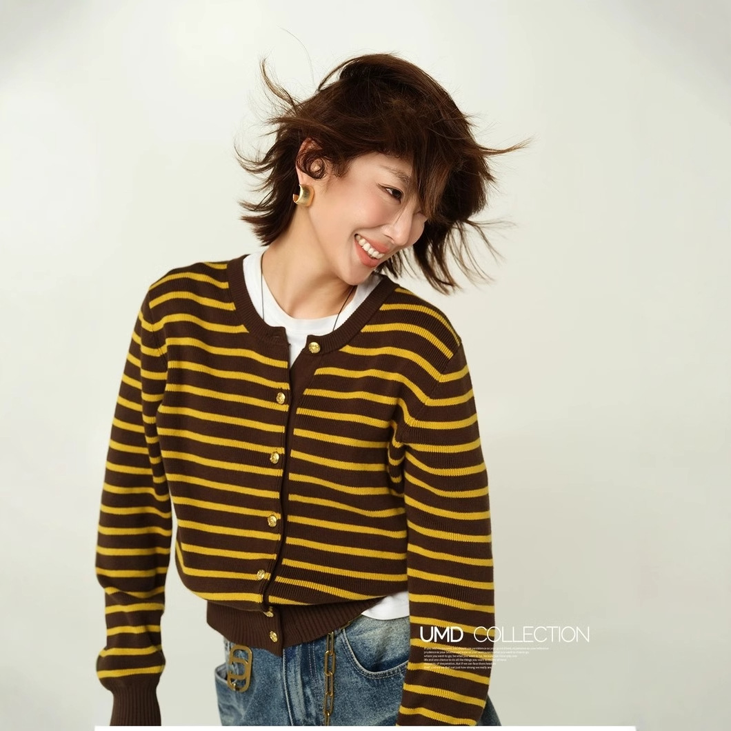 UMD◆M1U风学院派英伦百搭修身显瘦内搭针织条纹打底短开衫
