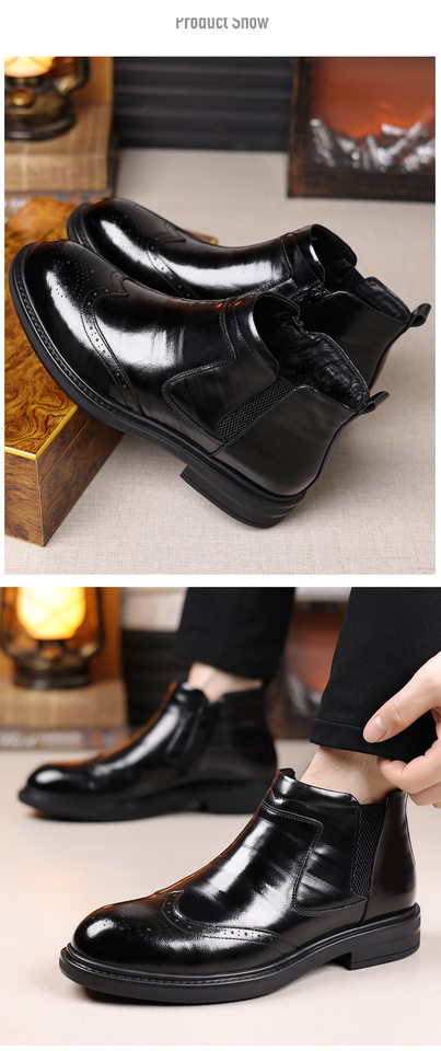 Giày bốt Martin nam da bò thật cổ trung, mũi nhọn, khóa kéo bên hông, gót 3–5 cm — Bốn mùa đen, Lông cừu đen chi tiết 19