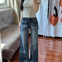 美式复古小个子水洗微喇叭牛仔裤女秋季高腰显瘦宽松直筒拖地长裤