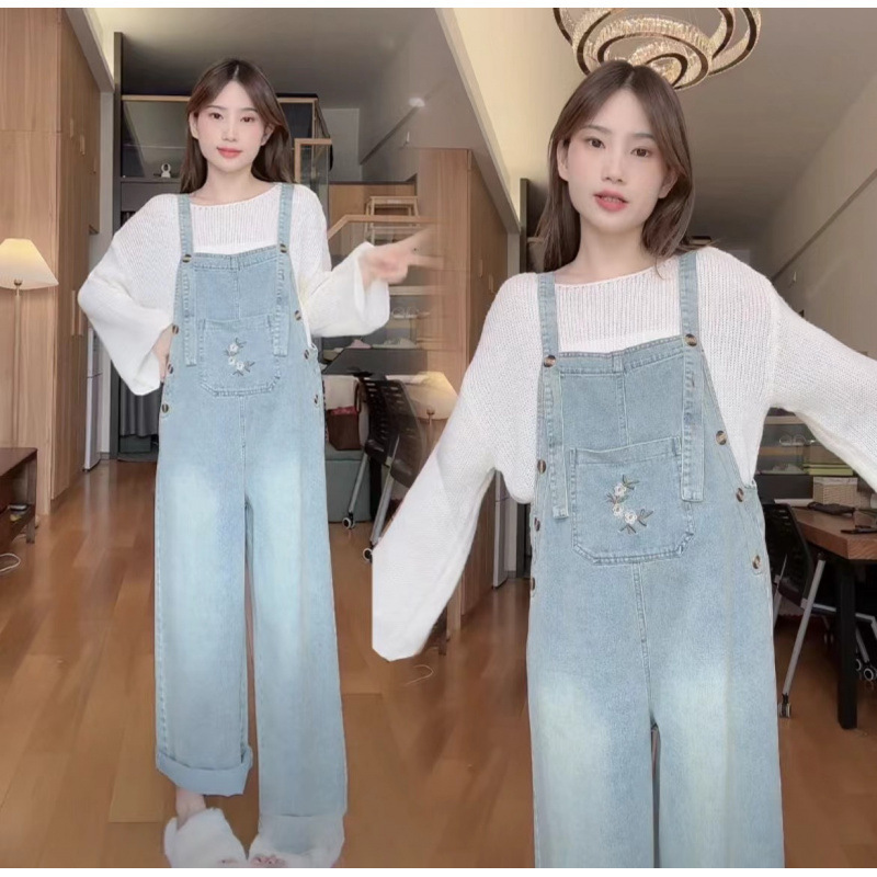 Maternity Wear New Loose Embroidered Denim Overalls Age-Reducing Maternity Jumpsuit
