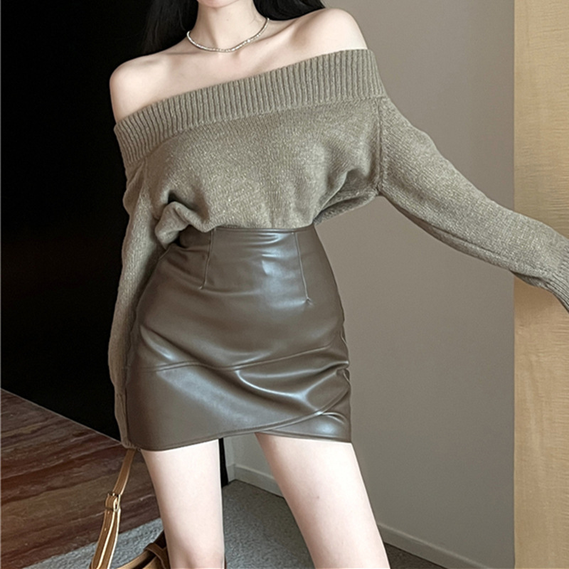 大きいサイズの太った妹のカレー色の小さい皮のスカートの秋のギャルのPUの半身のスカートの女性のハイウエストは股を遮ってヒップのスカートのa字のスカートを包みます|undefined