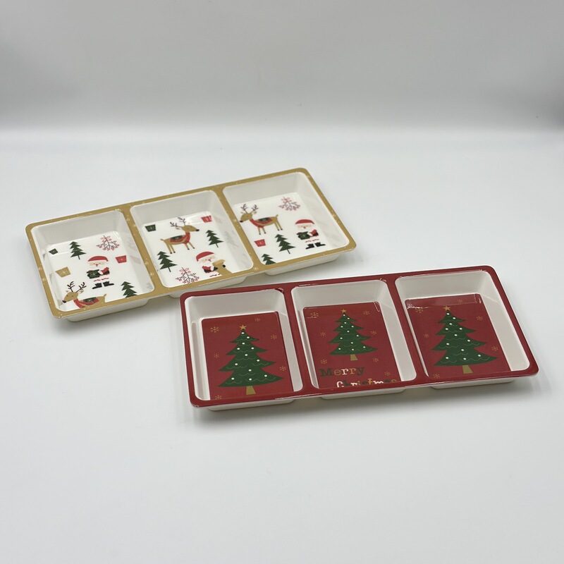 Christmas Melamine Four-Compartment Tray, Melamine Three-Compartment Tray, Melamine Double-Eared Tray Set, Hotel Tableware with Fixed Colors