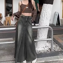 春秋季高腰显瘦中长a字包臀大摆裙美式2025新款水泥灰牛仔半身裙
