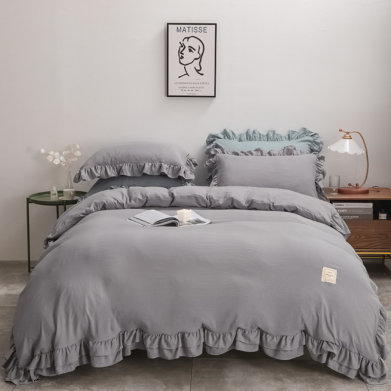 美国尺寸纯色韩版荷叶花边水洗棉三件套 样板房卧室床上用品