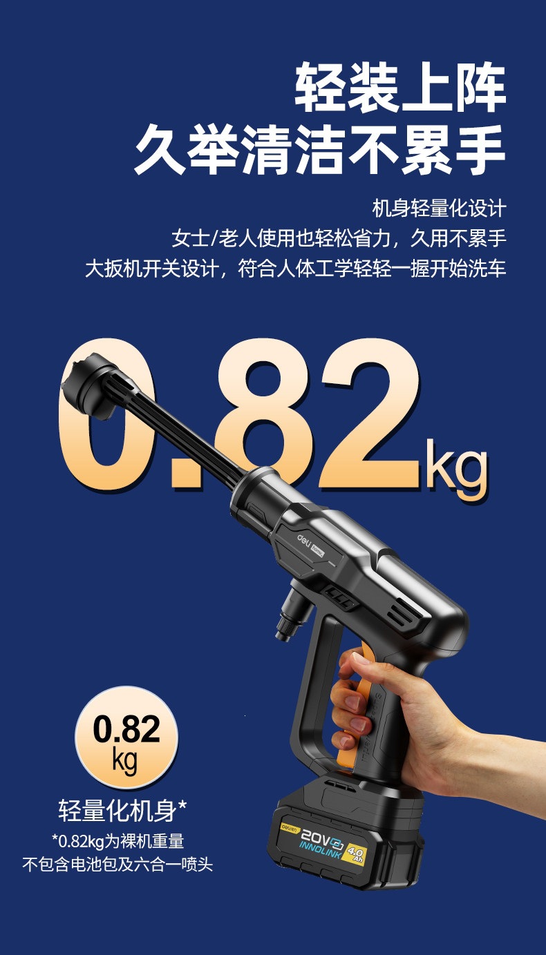 Deli Wireless Car Washing Machine High-Pressure Water Gun for Home and Car Cleaning Lithium Battery Rechargeable Booster Water Gun