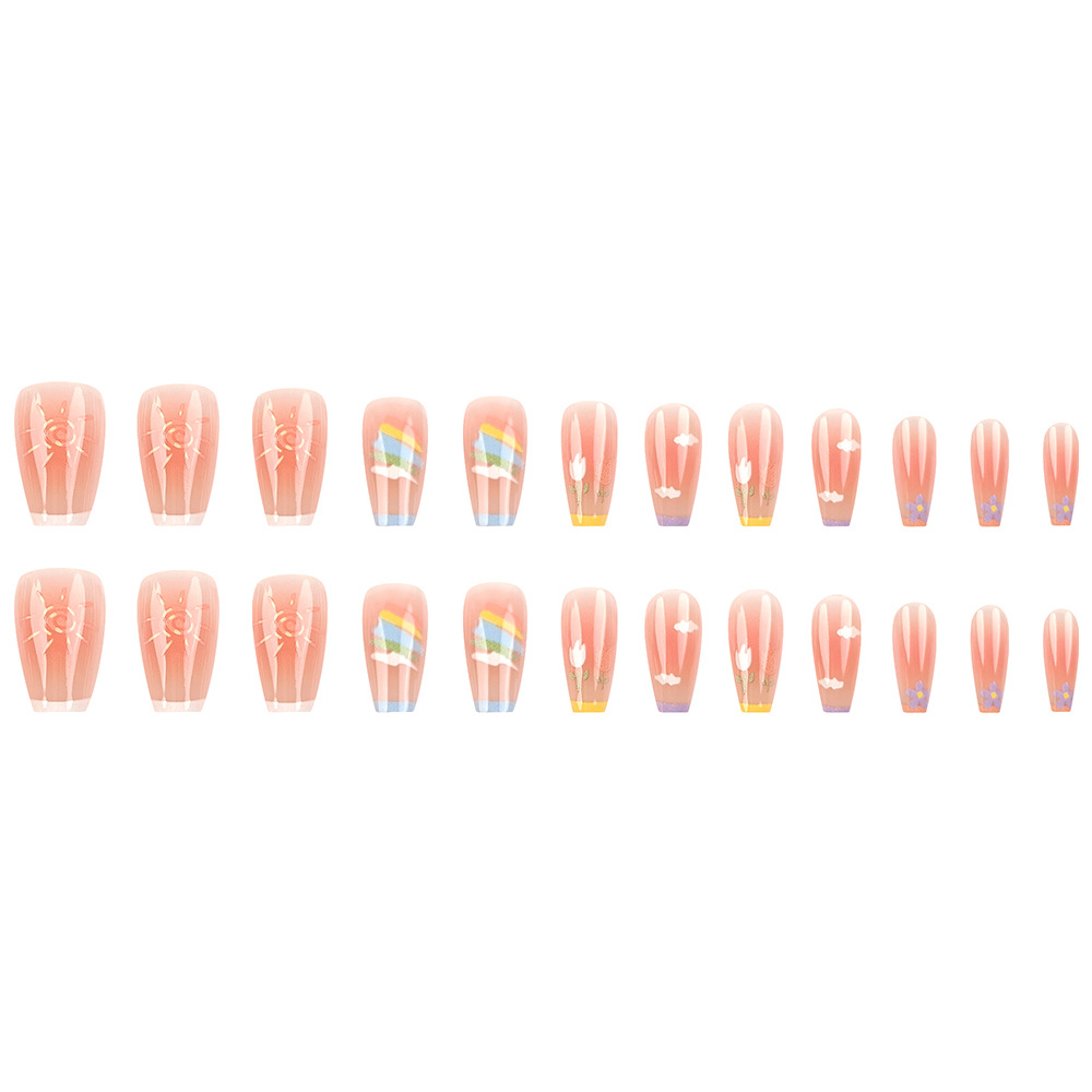 Puntas de Uñas con Diseño de Nubes Blancas y Rosadas, Flores Pequeñas Pintadas a Mano, Pegatinas de Uñas Suaves y Coloridas, Juego de 24 Piezas, Estilo Francés, Uñas Postizas