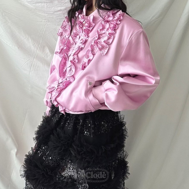 Ins Korea 2025 Autumn Glossy Texture Stand Collar Ruffled Embellished Shoulder Pad Loose Jacket