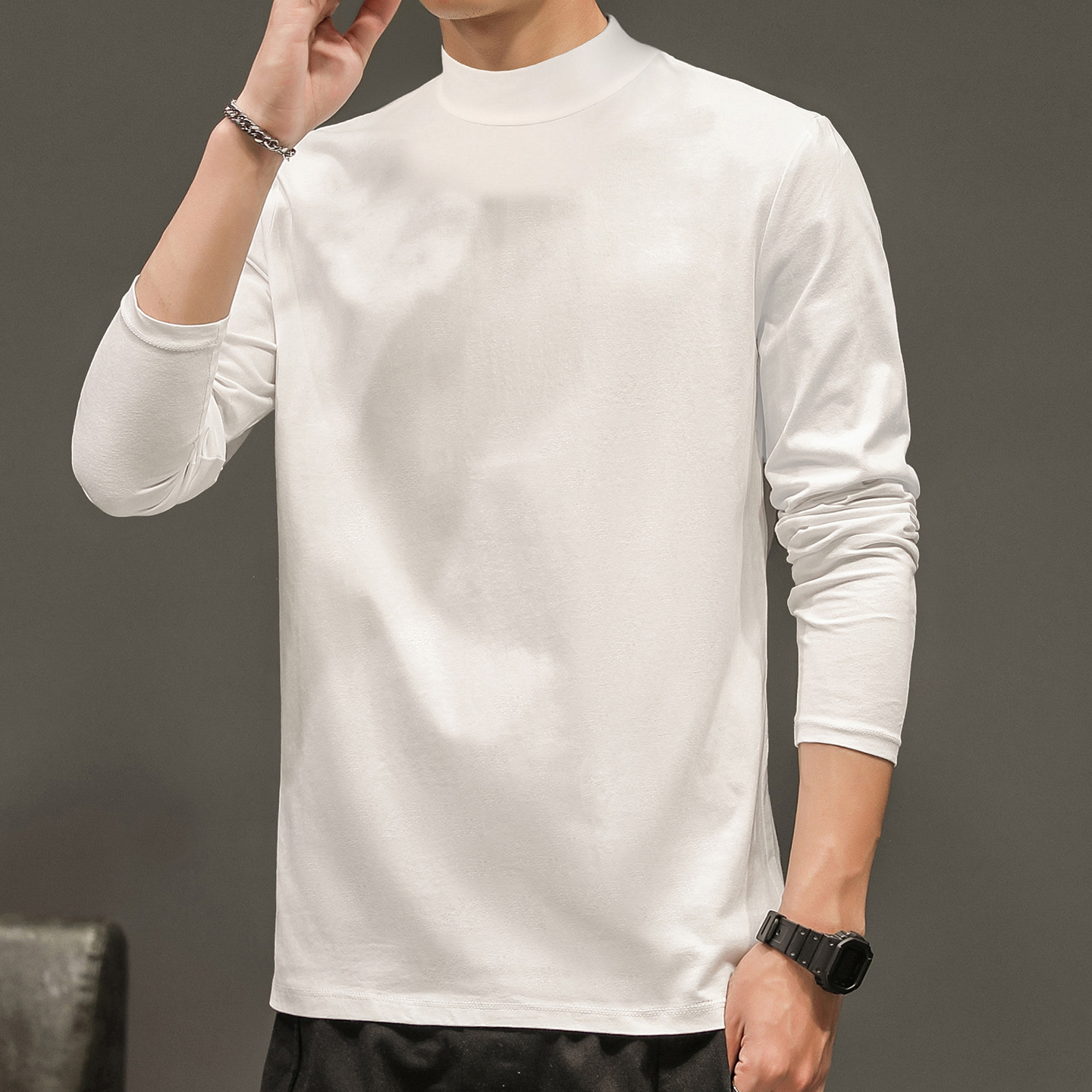 秋季男士工厂直销长袖T恤纯棉半高领内搭上衣服打底衫宽松体恤ins