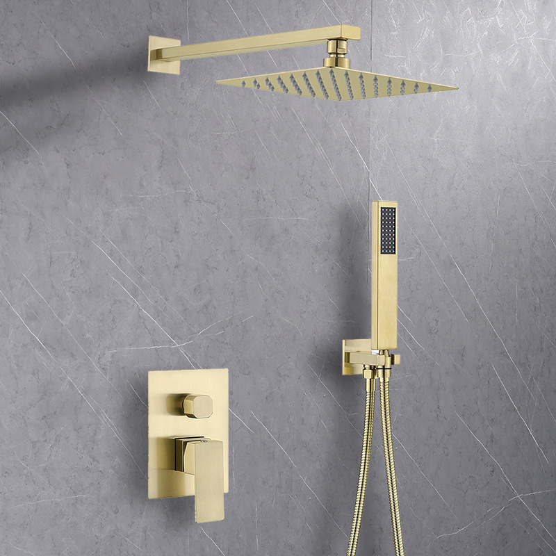 Brushed Gold Concealed Shower Head Wall-Mounted Hotel Square Hot and Cold Shower Faucet Concealed Shower Head Cross-Border