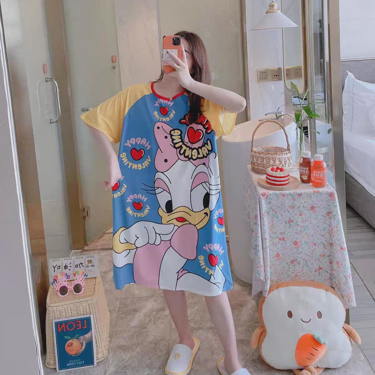 Spot falda de mujer viento perezoso talla grande camisón de mujer manga corta suelta y cómoda cuello redondo lindo vestido de casa con estampado de dibujos animados