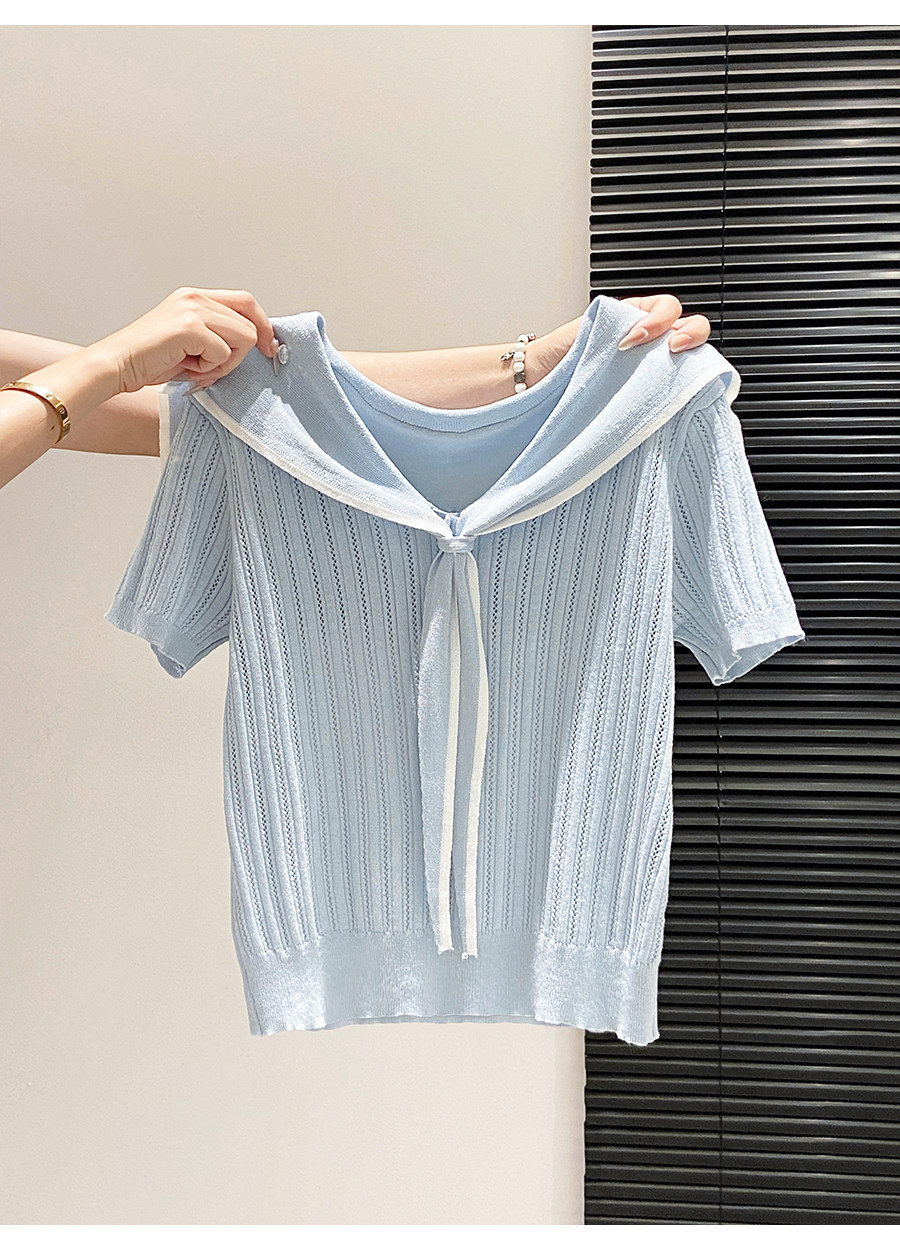 Áo thun nữ cổ tròn tay ngắn phong cách học viện cổ thuyền trưởng dáng rộng — xanh lam chi tiết 5