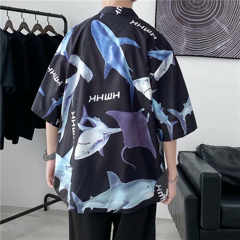 Camisa de manga corta de verano de los hombres perezoso estilo ruffle guapo ins estilo de Hong Kong marca de moda delgada capa media manga camisa 1239