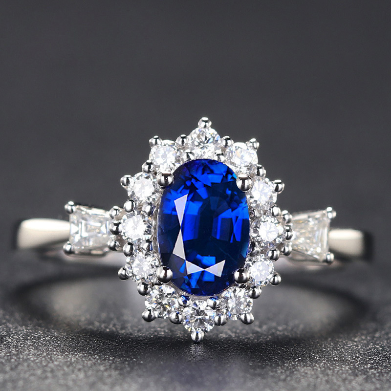 新品时尚简约椭圆形仿真蓝宝石开口戒指女 镀18K白金色活口指环