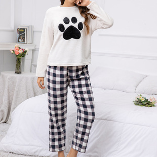 Cross-border Fall/Winter Pajamas suit Foreign Trade Women's Casual Home Clothes Cat's Claw Pattern Long Sleeve Plaid Trousers Two-piece Set