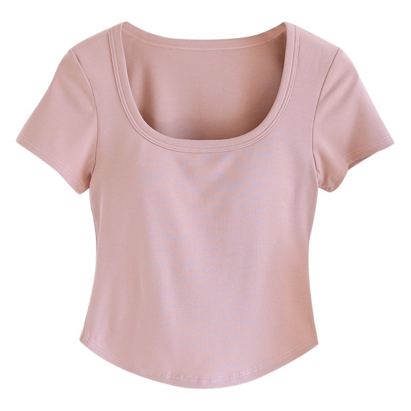 Women's short-sleeved T-shirt with chest pad curved irregular hem undershirt with bra can be worn outside square collar top summer