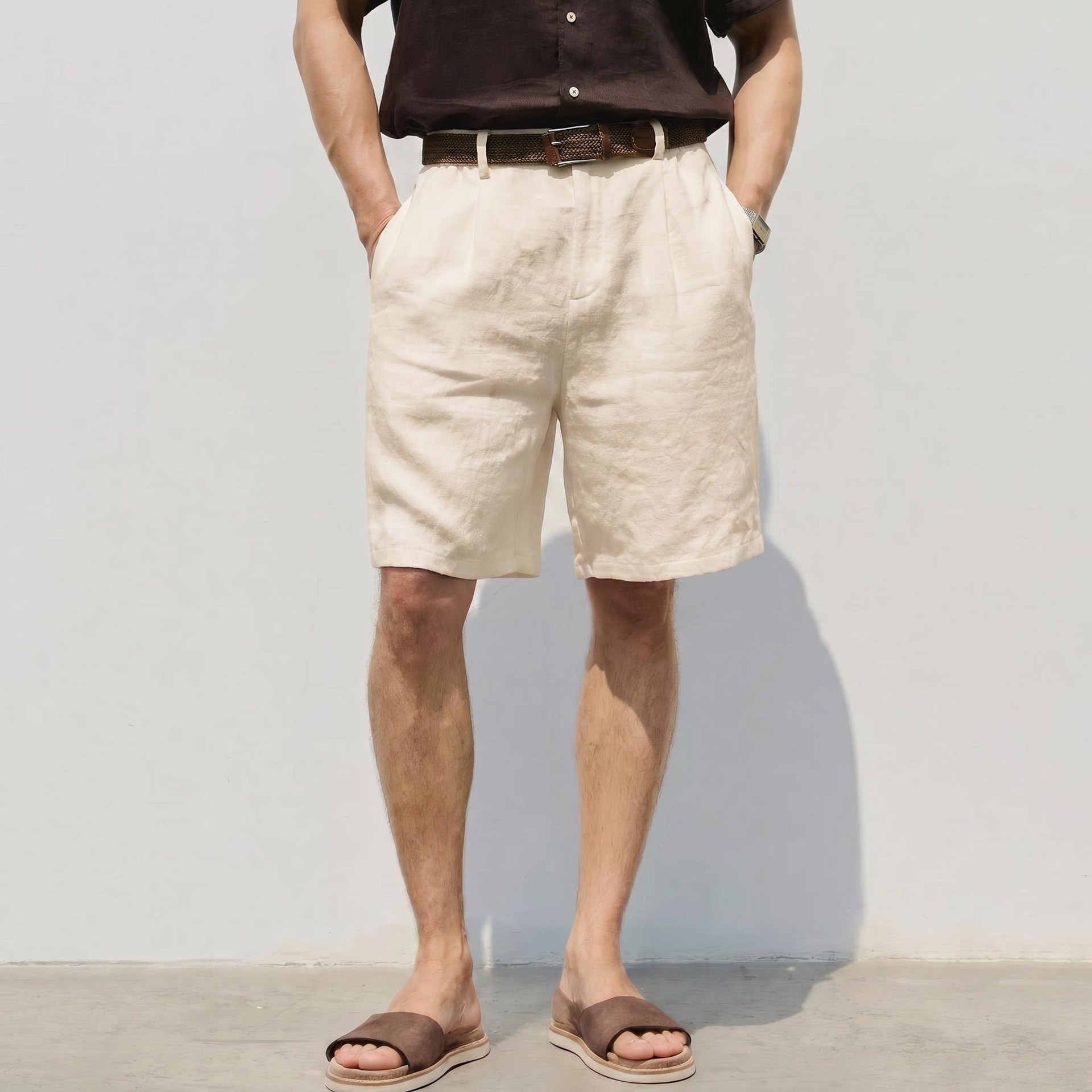 Shorts en lin pour homme respirant coupe ample style décontracté_voghion.com