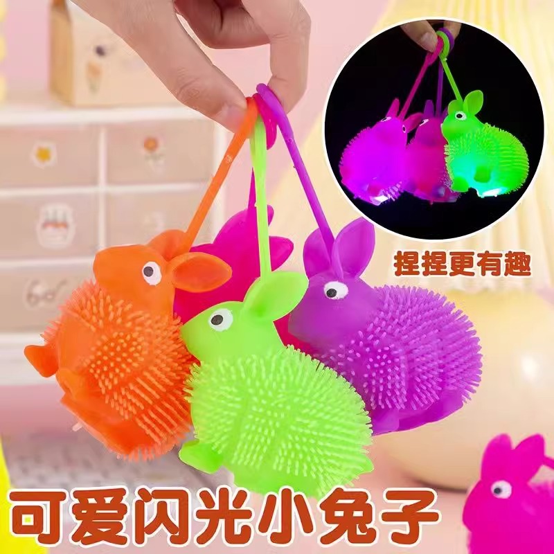 Glowing Hedgehog Plush Ball with String, Glowing Rabbit Stress Relief Squeeze Toy for Children, Suitable for Street Vending