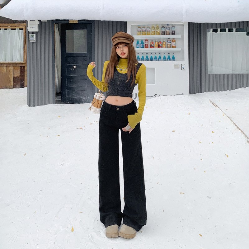 【Jinyin】Simple American Retro Low-Waist Loose Straight-Leg Women's Versatile Draped Stretch Jeans New Style