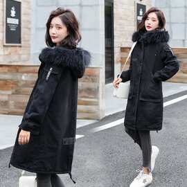 加绒牛仔棉袄女2025新款冬装棉衣女中长款大毛领加厚外套面包服