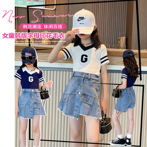 Girls summer suit  new children's suit summer letter POLO short-sleeved t-denim skirt pants two-piece set